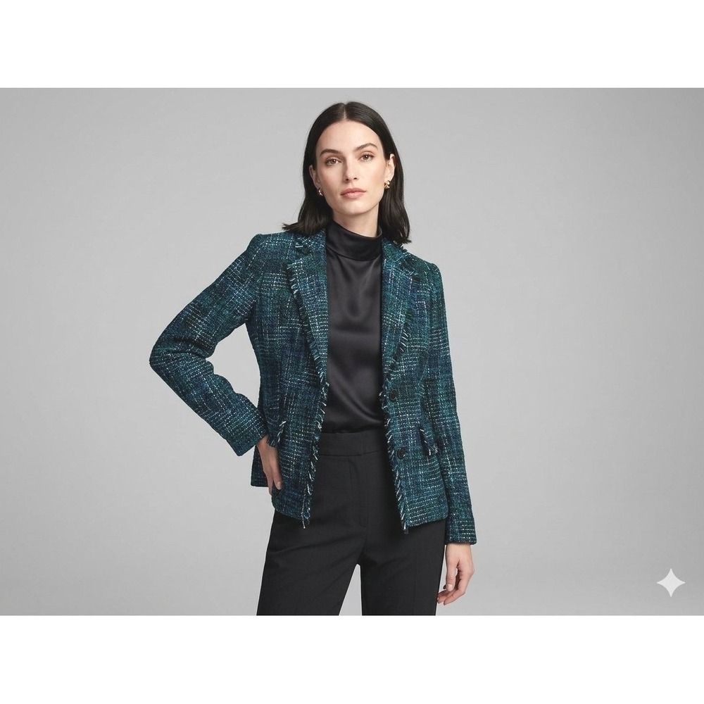 Karl Lagerfeld Paris Women Teal Green Tweed Fringe Trim Blazer Jacket Size 4